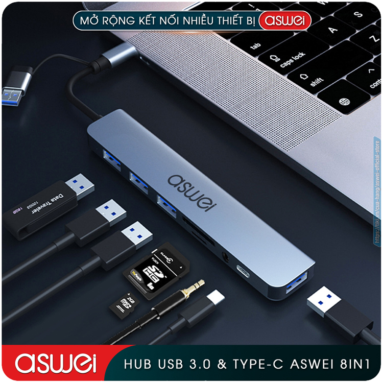 Hub Type C Và Hub USB ASWEI 8 in 1 To USB 3.0, SD, TF, USB C, Audio 3.5mm - Cổng Chia USB, Ổ Chia USB Tốc Độ Cao - Hub Chuyển Đổi USB Type C 8 Cổng Dành Cho Macbook, Laptop, PC, Máy Tính Bảng, Điện Thoại - Hàng Chính Hãng