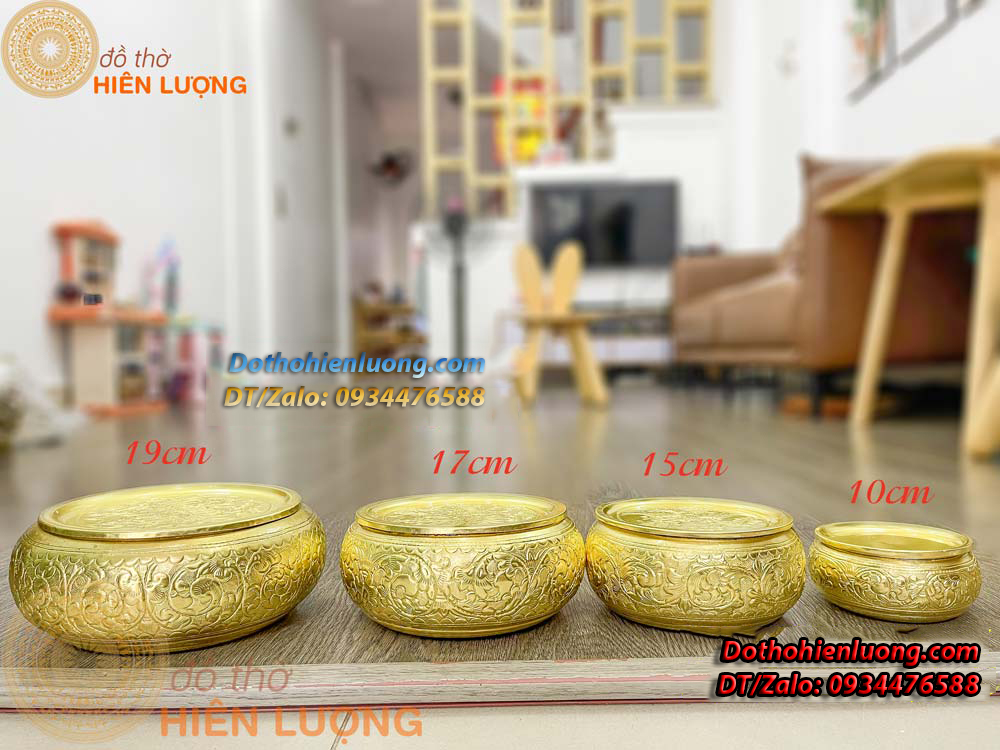 Cơi Đựng Trầu - Âu Trầu Hoa Văn Màu Vàng Bằng Đồng Nguyên Chất Các Cỡ - Đồ Thờ Hiên Lượng