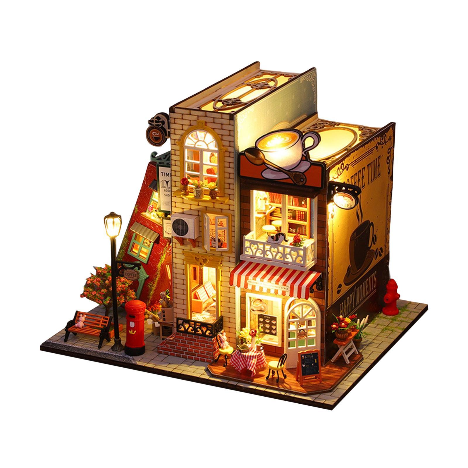 Unfinished Dollhouse DIY Kit with Dustproof Cover Wooden Dollhouse Miniature Kit Creative Room for Shelf Home Living Room Cabinet Decoration