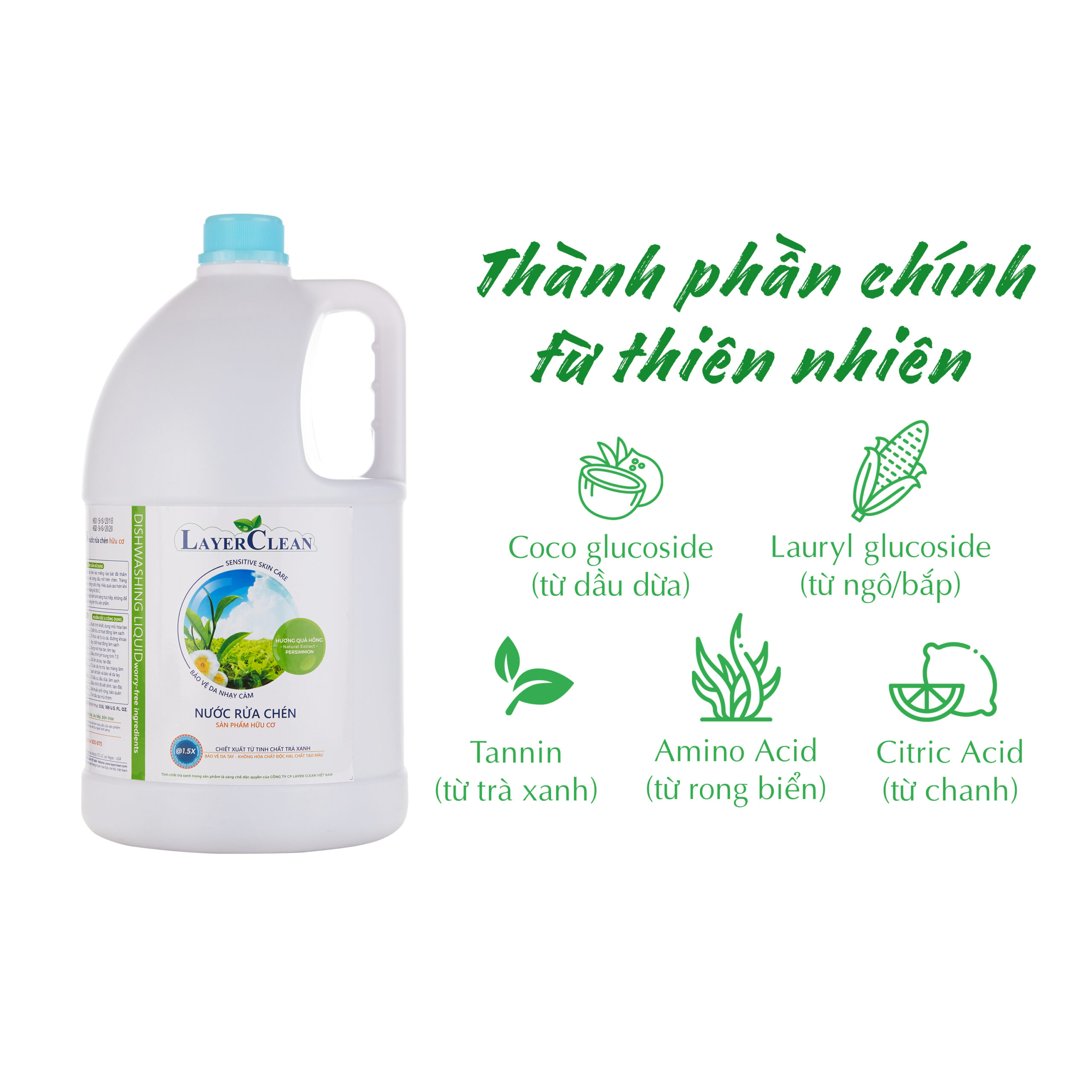 Nước rửa chén bát hữu cơ truyền thống Layer Clean, sạch bóng tự nhiên, an toàn thân thiện