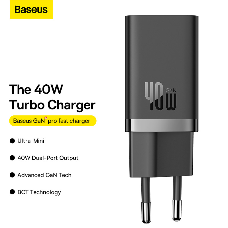 Cốc Sạc Nhanh Nhỏ Gọn OS-Baseus GaN5 Pro Fast Charger C+C 40W EU (Chân cắm tròn) (Hàng chính hãng)