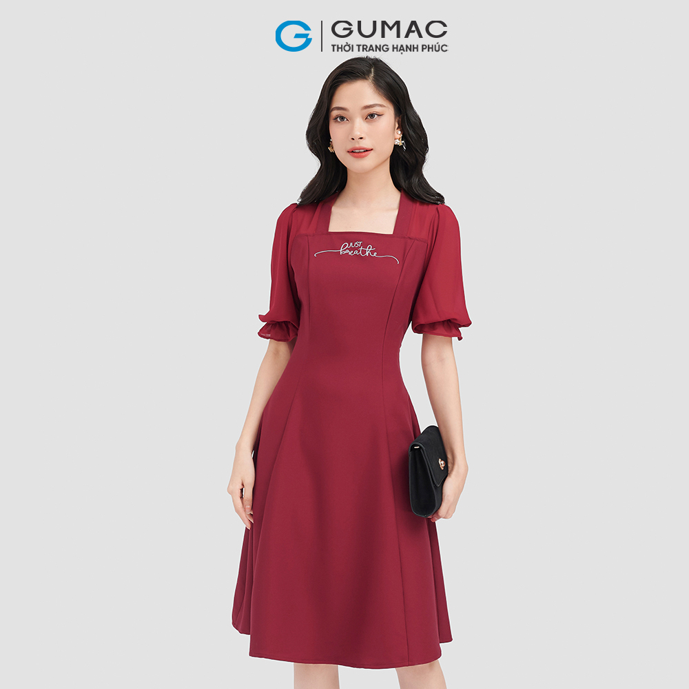Đầm xòe nhẹ GUMAC LD0912 thêu just breathe nhẹ nhàng