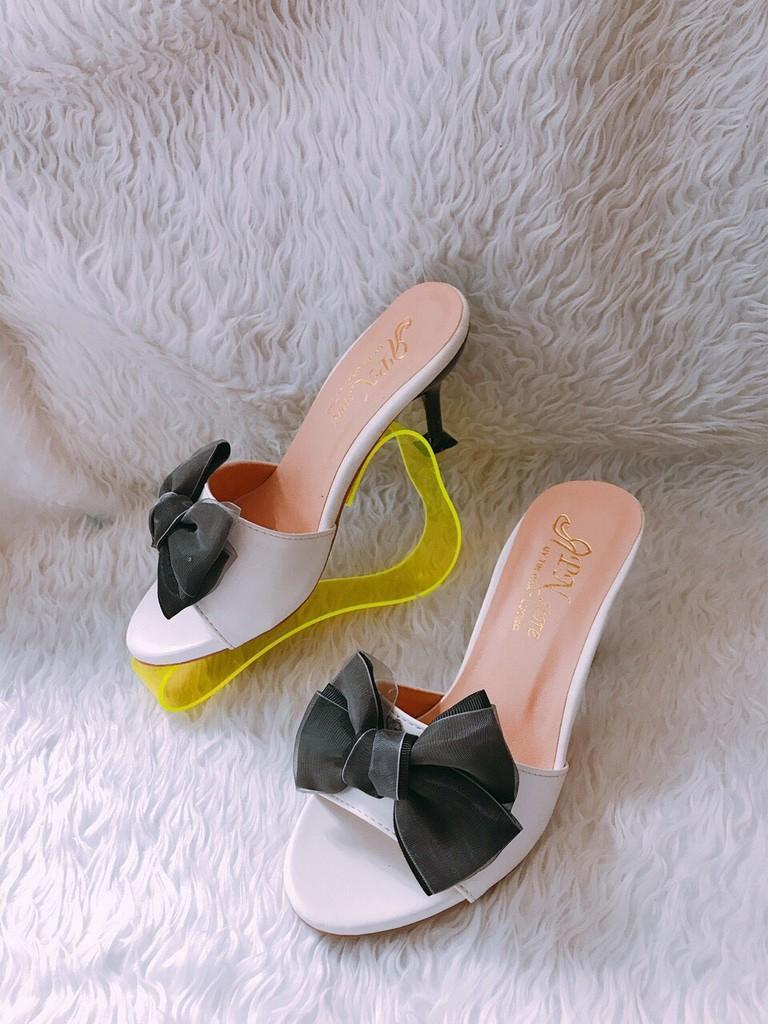 Guốc Cao Gót ly 7p nơ lưới hở mũi