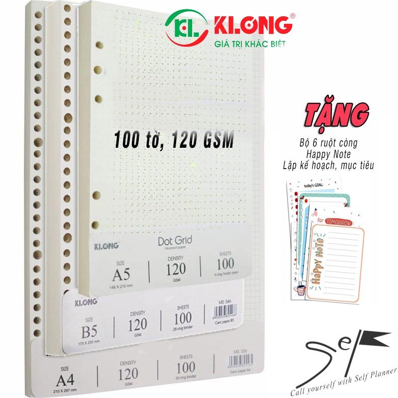 Sổ còng/Ruột refill Klong caro, kẻ ngang, chấm bi A5 A4 B5 - 100 tờ 120gsm, tặng 6 ruột Happy Note