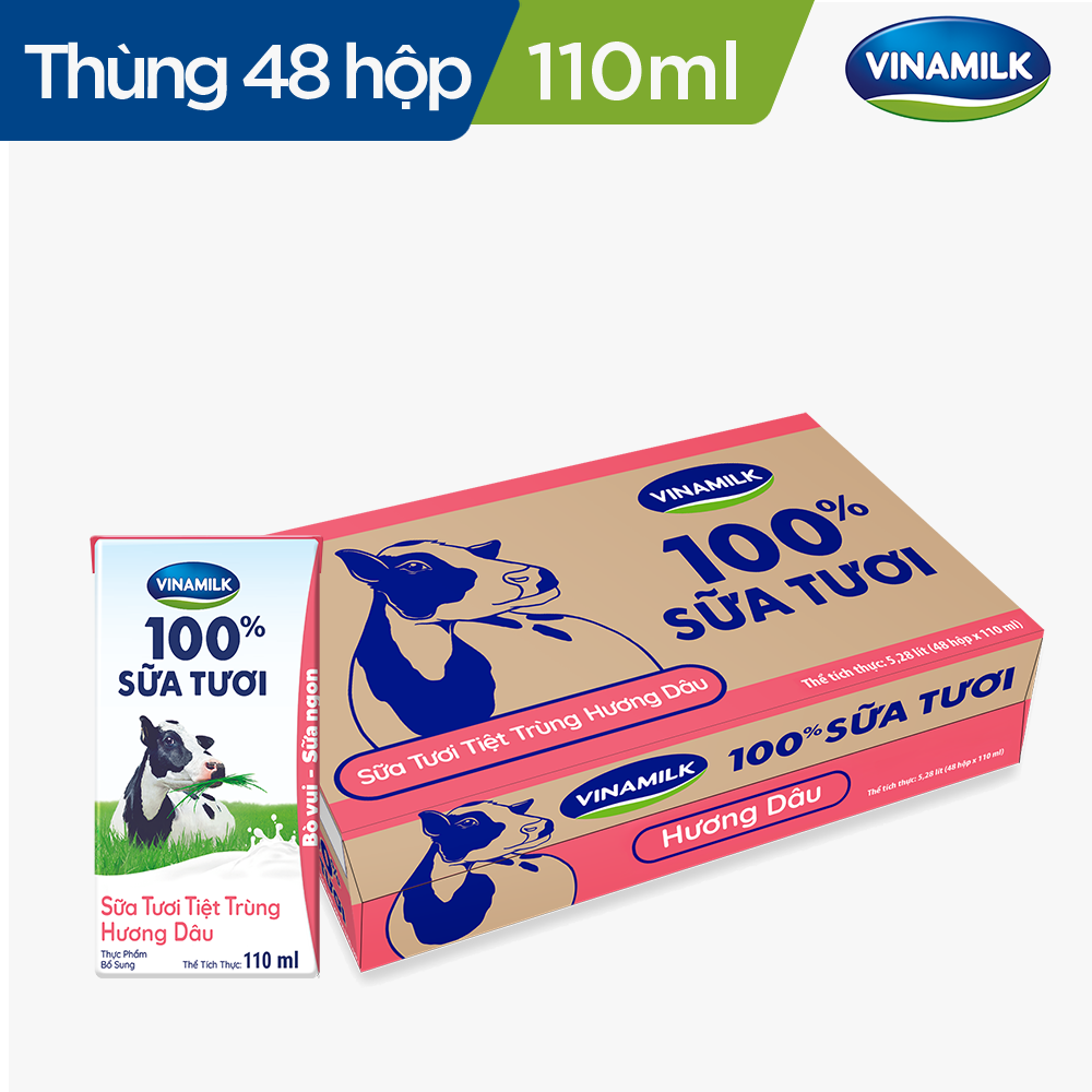 COMBO 6 LỐC SỮA TƯƠI TIỆT TRÙNG VINAMILK 100% HƯƠNG DÂU - LỐC 4 HỘP X 110ML