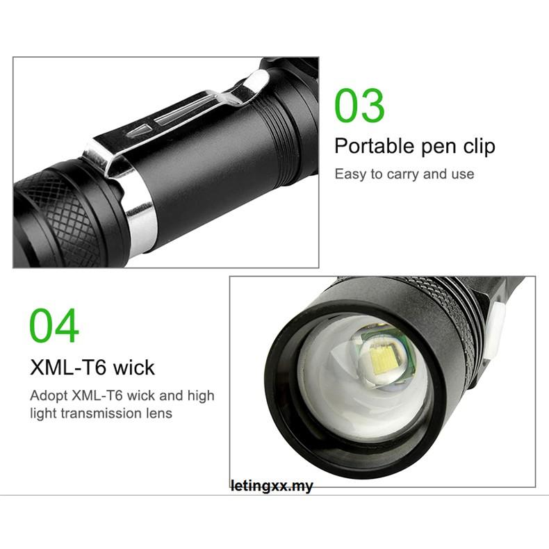 Đèn Pin Led T6 18650 Sạc Usb Tiện Dụng Cho Hoạt Động Ngoài Trời