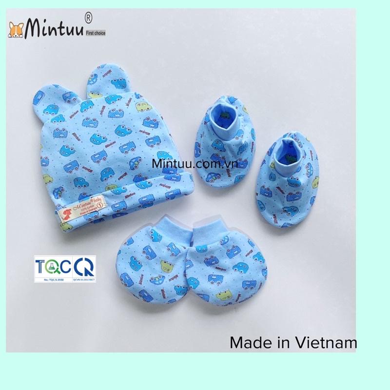 Combo nón mũ, bao tay chân bo màu in hoạ tiết cho trẻ sơ sinh