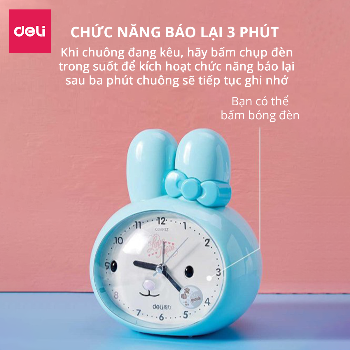 Đồng hồ báo thức thỏ hoạt hình Deli - Trắng/ Xanh/ Hồng - 8803