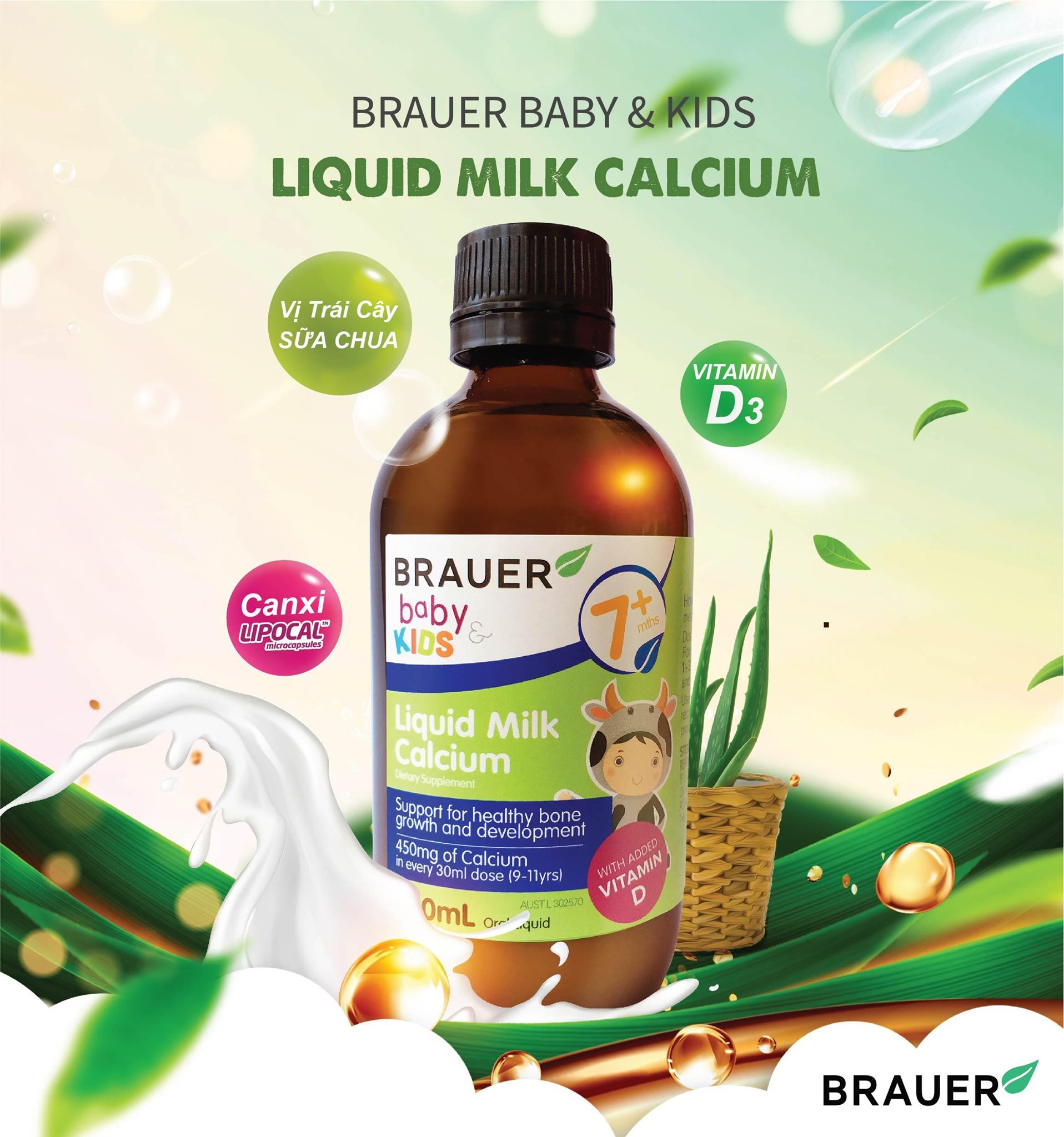 Canxi dạng sữa và Vitamin D Brauer Baby &amp; Kids Liquid Milk Calcium cho bé từ 7 tháng tuổi (200ml)