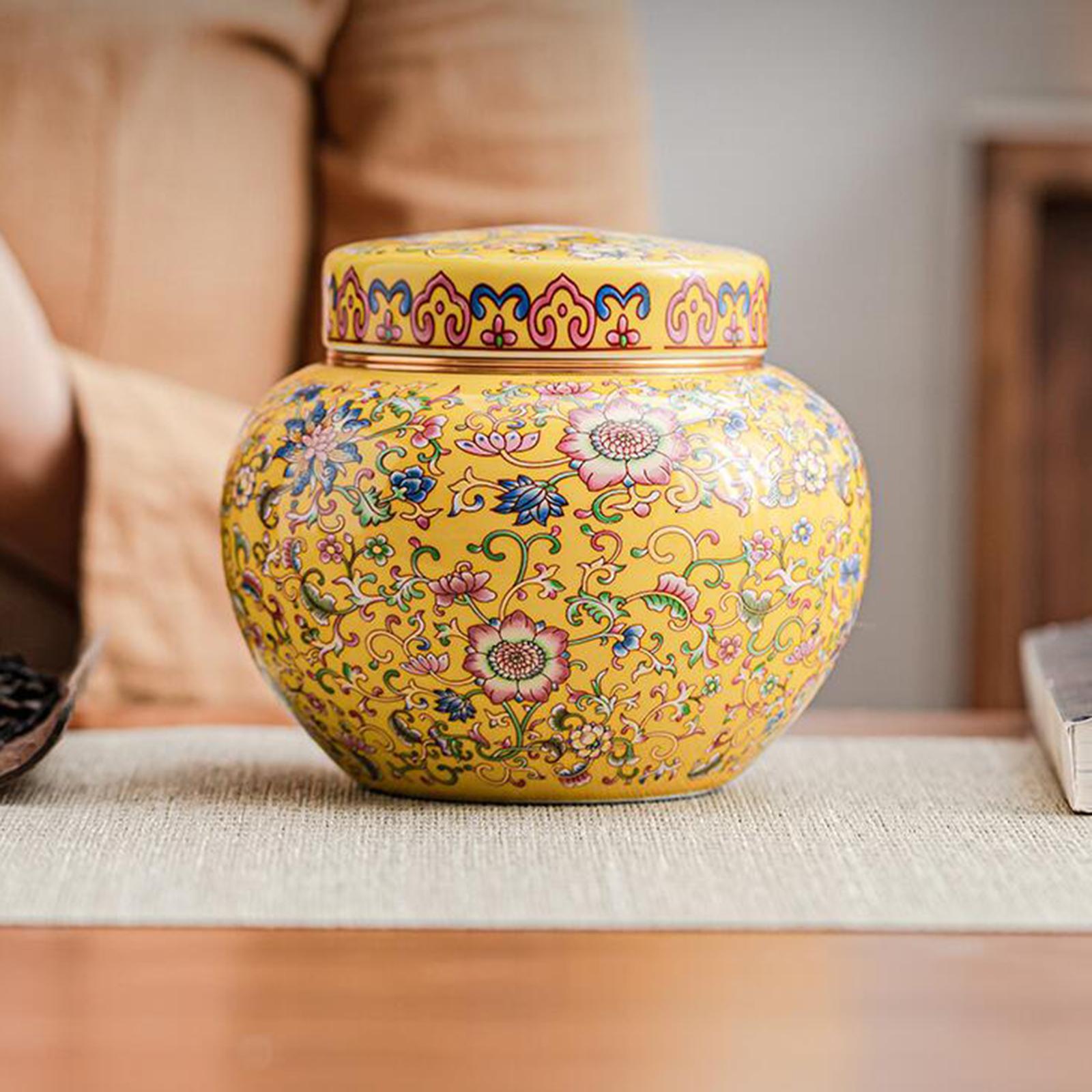 Tea Canister Floral Temple Jar with Lid Multipurpose Artwork Storage Container Desk Jar Vase Ceramic Ginger Jar for Dining Room Office Decor