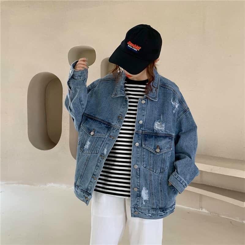 Áo khoác jeans croptop túi hộp dáng rộng rách- hình thật chính chủ