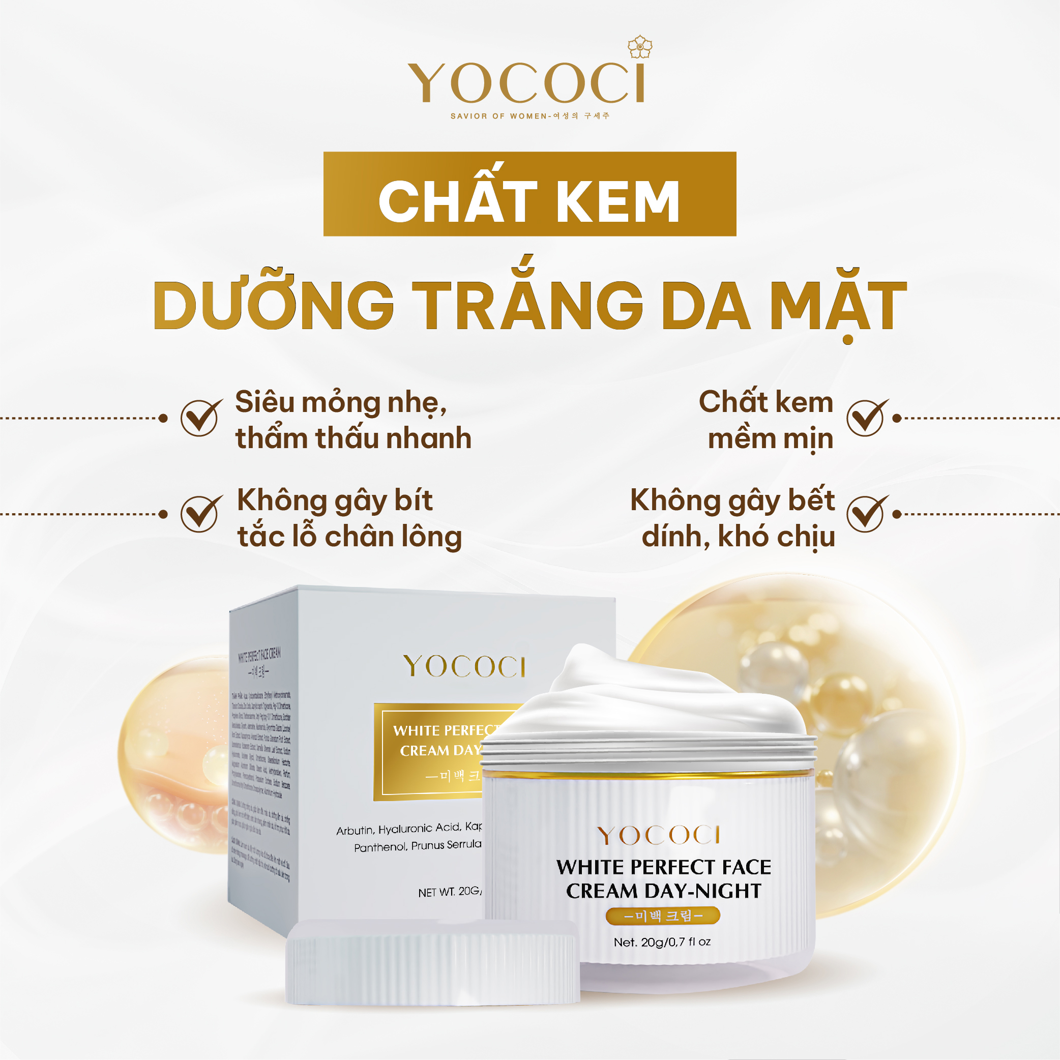 Kem dưỡng trắng da mặt Yococi giúp sáng da, ngăn chặn ánh sáng xanh White Perfect Face Cream 20g