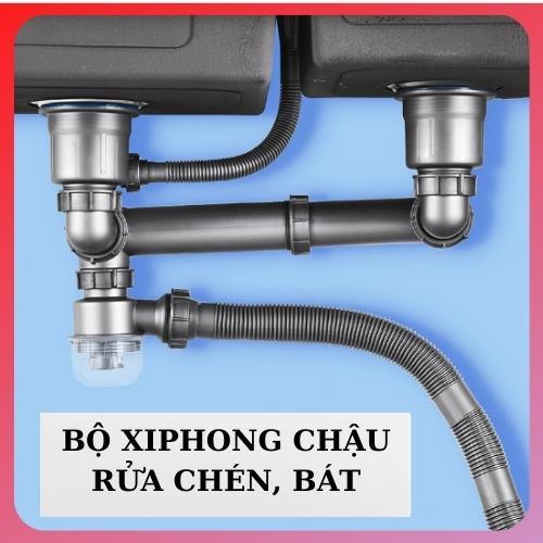 Bộ Xiphong Chậu Rửa Chén Bát Giành Cho Chậu Inox 2 hố, Phi 50 Thoát Nước Nhanh, Ngăn Mùi, Chịu Nhiệt Có 1 Chống Tràn Kèm Van Thải RO