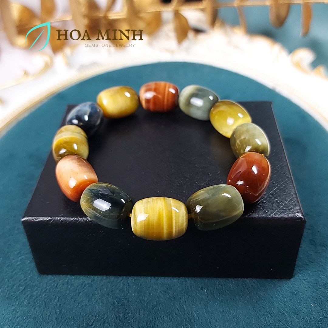 Vòng tay đá Mắt Hổ tam tài VIP thiên nhiên kiểu lu thống size 12x16mm phong thủy tài lộc