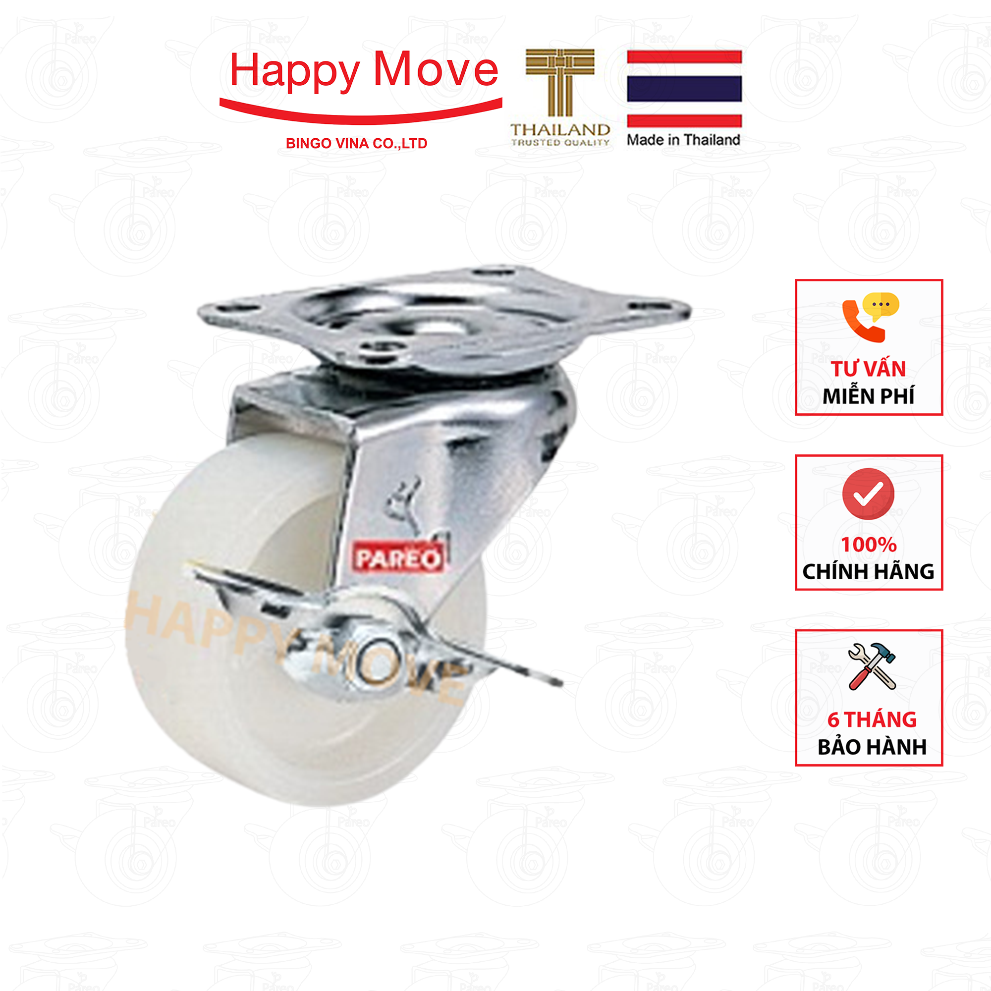 Bánh xe đẩy nylon tải nhẹ càng xoay khóa - 50-65-75mm - Happy Move Thái Lan
