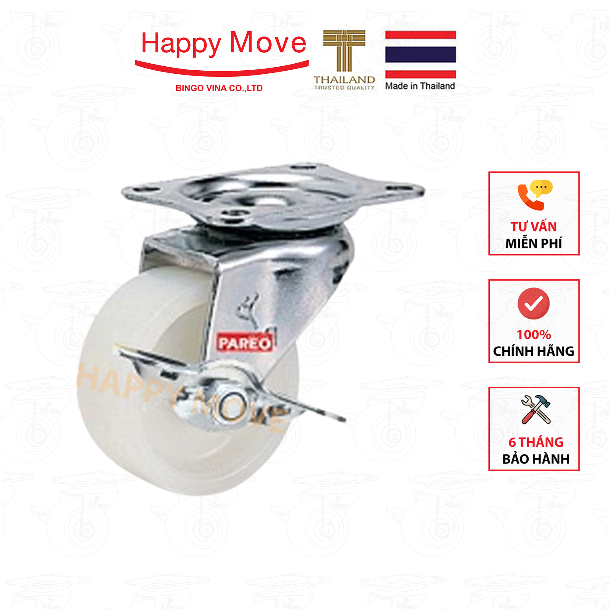 Bánh xe đẩy nylon tải nhẹ càng cố định - 50-65-75mm - Happy Move Thái Lan