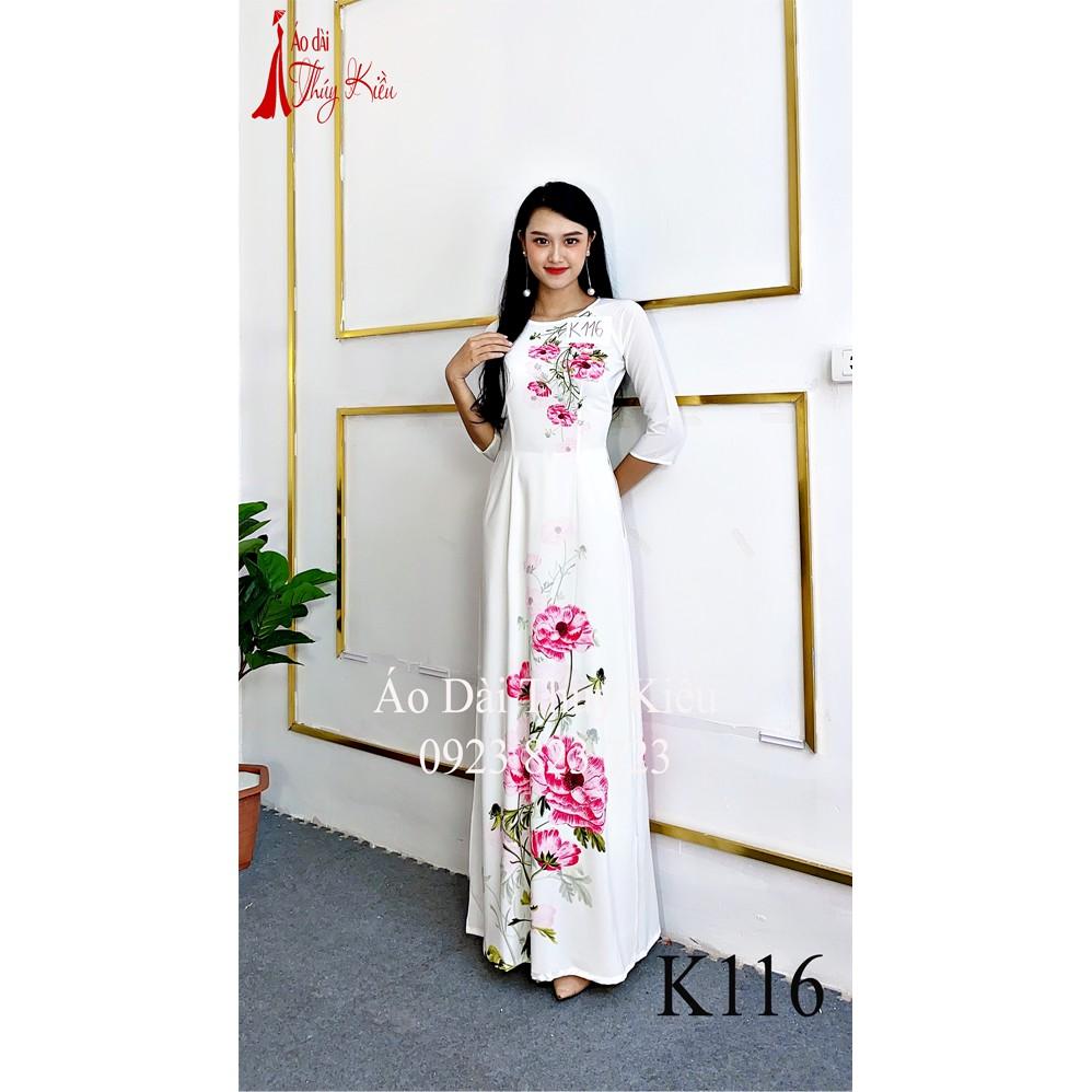 Áo dài Thúy Kiều in 3D lụa Nhật nền trắng in hoa hồng K116