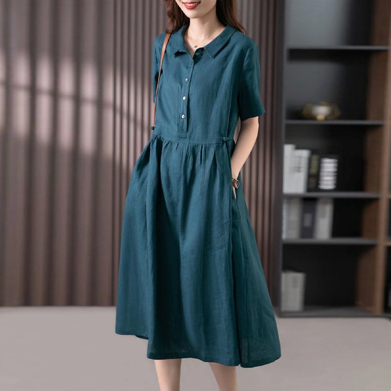Đầm sơ mi dáng suông form rộng phối cúc sang chảnh, thanh lịch