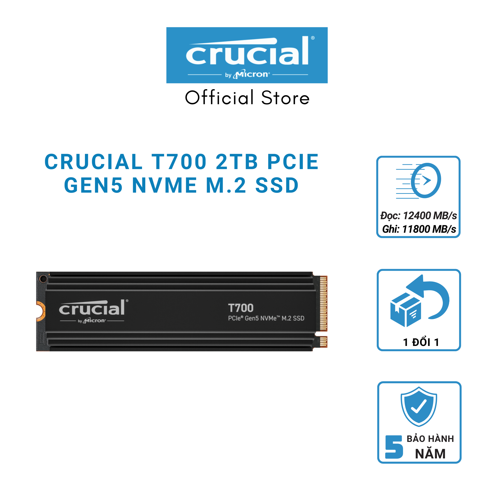 SSD Crucial T700 2TB PCIe Gen 5.0 NVMe - CT2000T700SSD5 - Hàng Chính Hãng