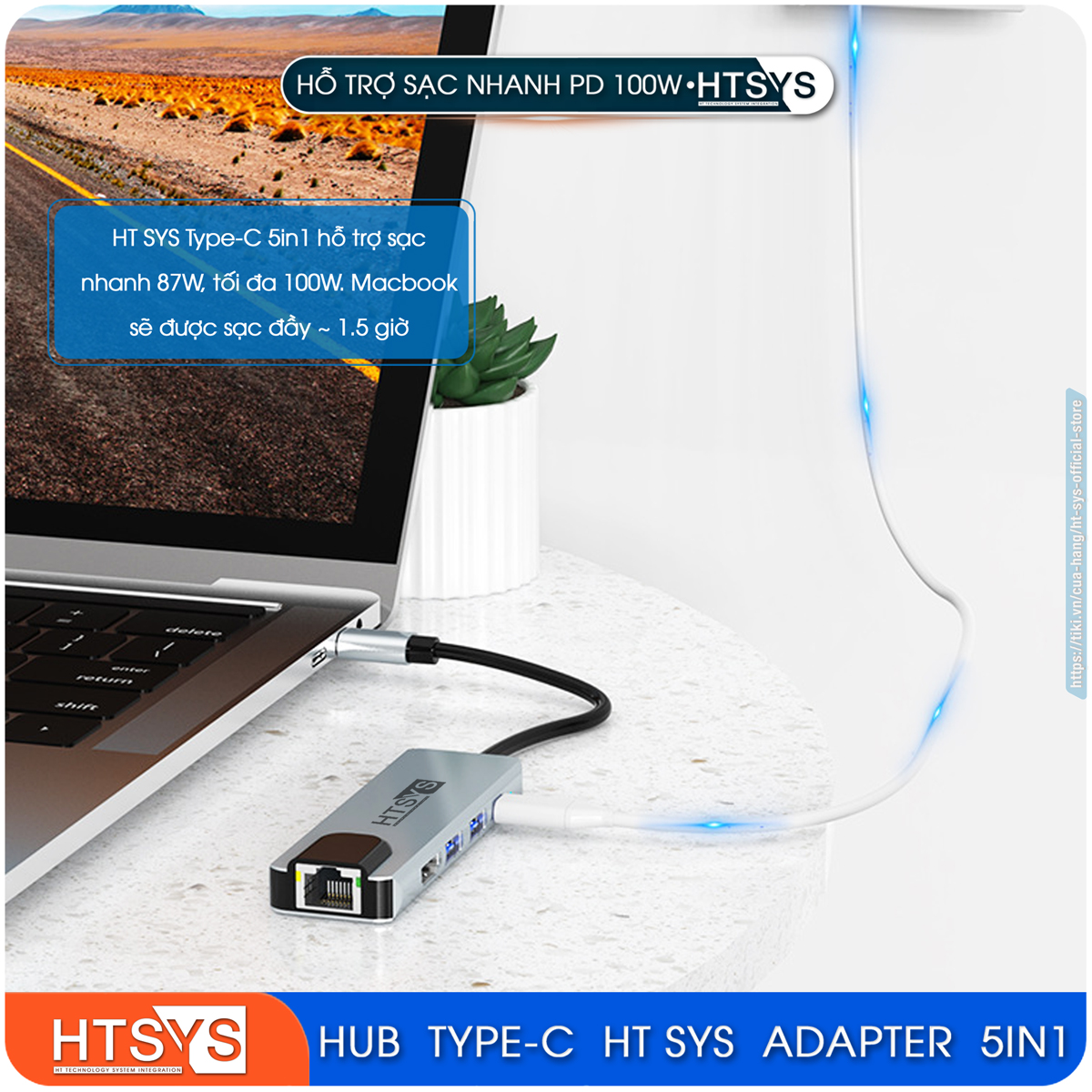 Hub Chuyển Đổi USB Type C HT SYS 5 in 1 To HDMI, USB 3.0, Lan, PD 100W - Hàng Chính Hãng