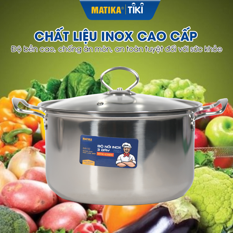 Bộ Nồi Inox 3 Đáy MATIKA MTK-C324 Đáy Từ - Hàng Chính Hãng