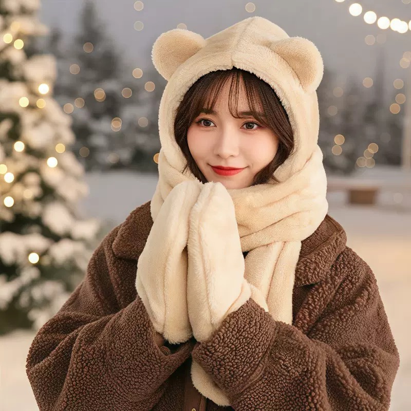 Mũ khăn quàng cổ mũ lông gấu có găng tay thời trang siêu dễ thương giữ ấm dành cho nữ