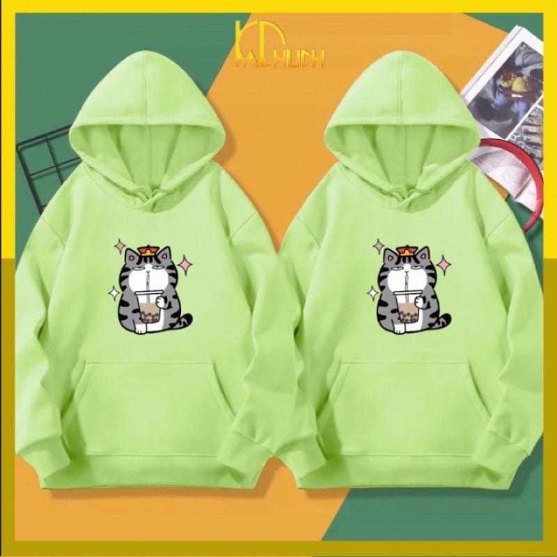 Áo hoodie cặp in mèo hoàng thượng uống trà sữa