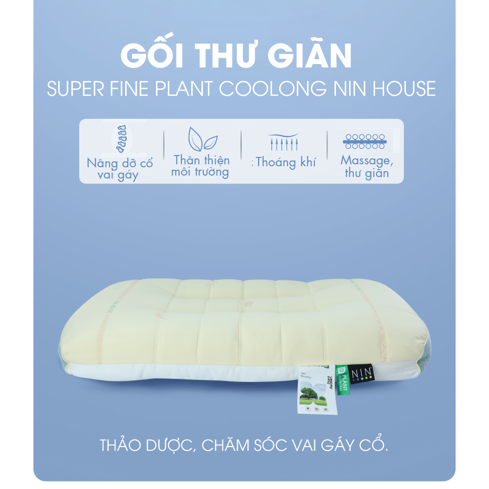 Gối thư giãn, ruột gối đầu thảo dược Super Fine Plant Coolong NIN House chăm sóc vai gáy cổ 48x74cm công thái học