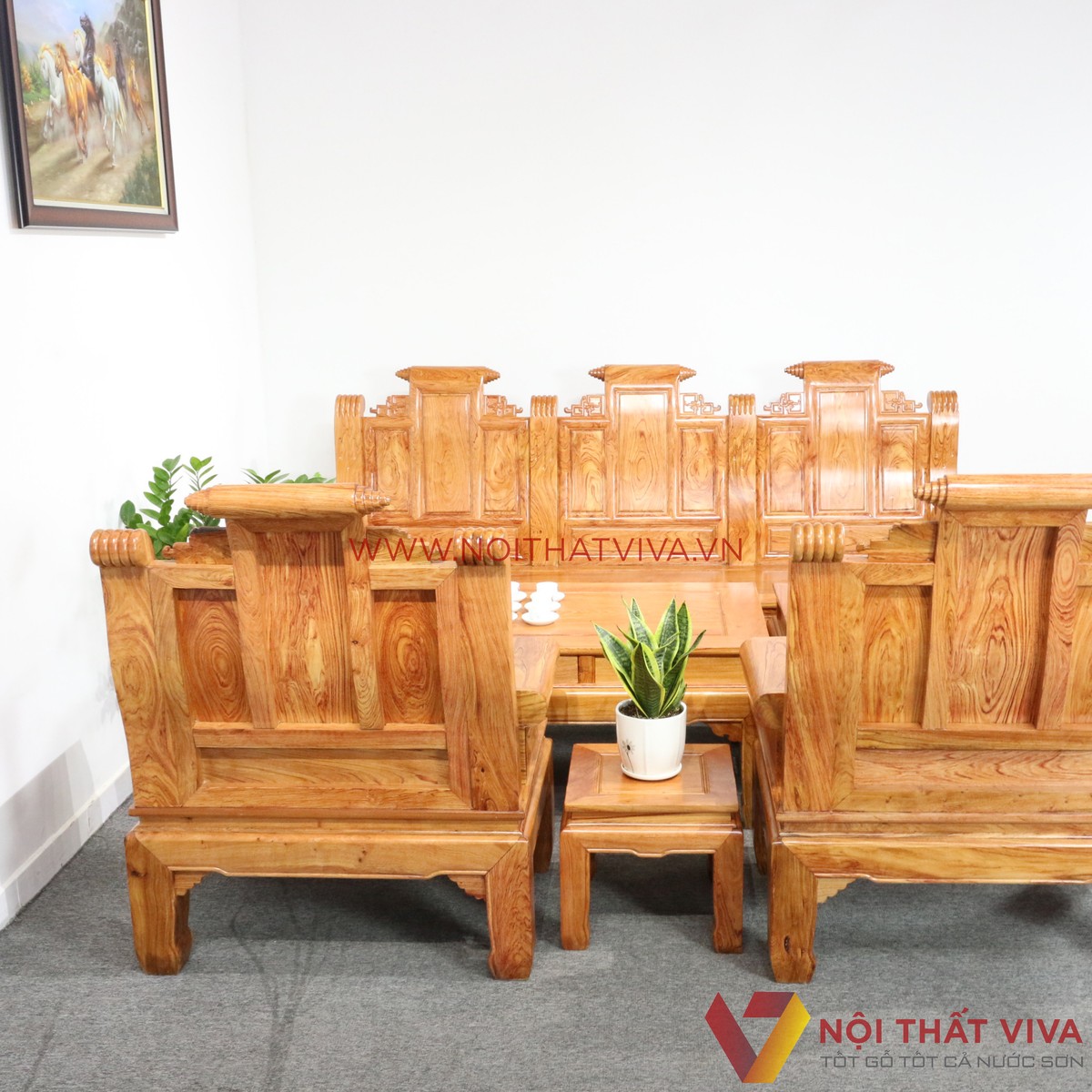 Bộ Bàn Ghế Salon Tần Thủy Hoàng Gỗ Hương Đá Chạm Tượng 6 Món Cao Cấp - Tổng thể 240 x 240cm / Băng dài: 240 x 70 x 112cm / Ghế: 66 x 92 x 112cm / Đôn Lớn: 40 x 70 x 52cm / Đôn nhỏ: 40 x 40 x 36cm (Dài x Rộng x Cao)