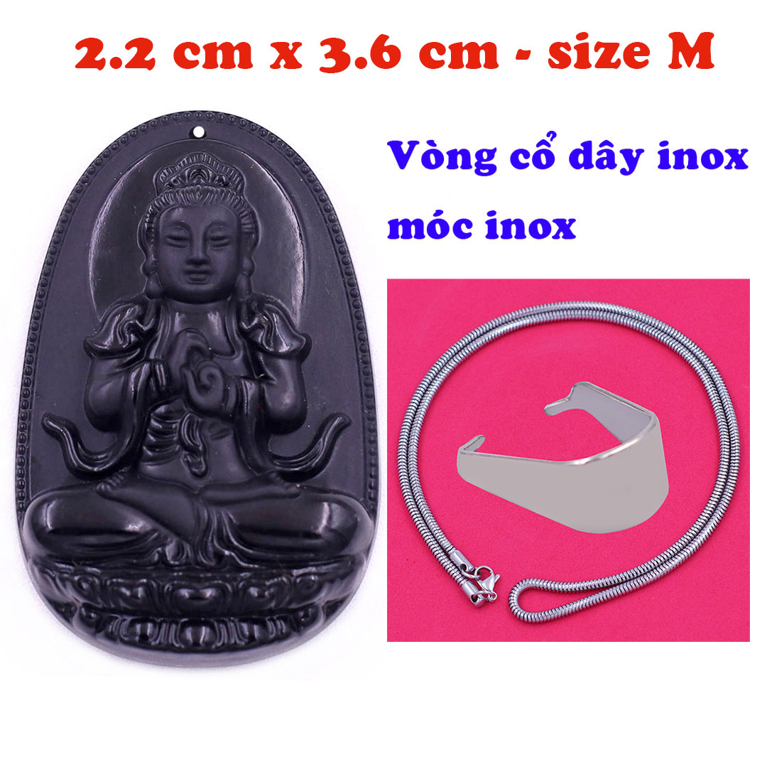 Mặt Phật Đại nhật như lai đá thạch anh đen 3.6 cm kèm dây chuyền inox rắn - mặt dây chuyền size M, Mặt Phật bản mệnh