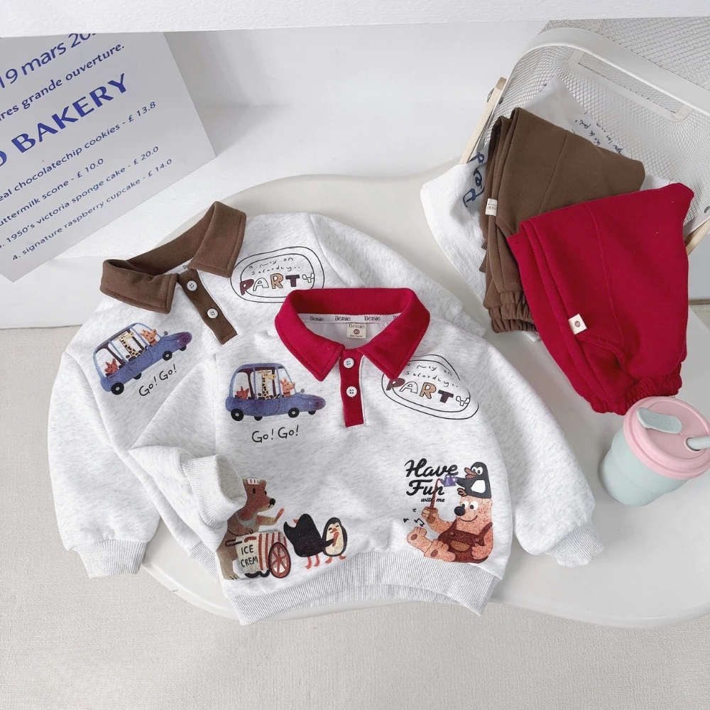 Set Áo Thun Tay Dài Cổ Polo Gấu Quần Bo Chun Cho Bé Trai 1-8 Tuổi Dành Cho Bé Trai