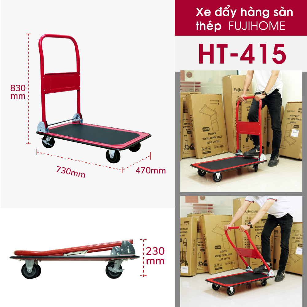 Xe đẩy hàng sàn thép 4 bánh FUJIHOME HT-415 tải trọng 150kg, Thiết kế gấp gọn giúp tiết kiệm diện tích khi cất giữ