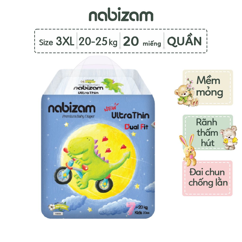 Tã/Bỉm Quần Nabizam Ultra Thin Nội Địa Hàn Siêu Mỏng Nhẹ, Rãnh Chống Tràn Size 3XL20 Cho Bé Từ 20-25kg,20 Mếng/Bịch