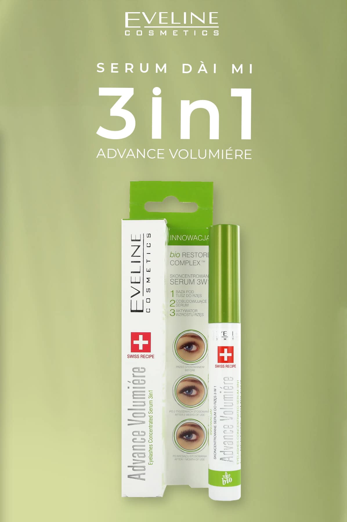 Serum làm dài mi Eveline Advance Volumiere công thức 3 trong 1 phát triển lông mi - Tuýp 10ml