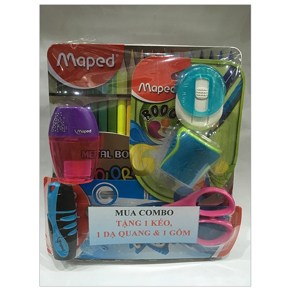 Combo Maped 12 - Chuốt Elip Maped + Viết Lông Kim 4 Màu + Hộp Chì 18 Màu (Tặng Kèm 1 Dạ Quang + 1 Kéo + 1 Gôm)