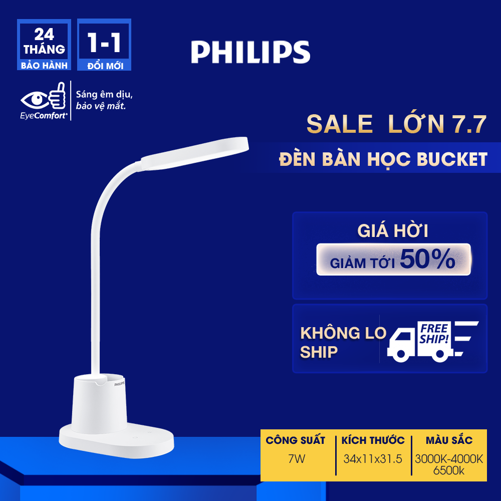 Đèn bàn Philips bảo vệ mắt Bucket DSK214 7W - Điều chỉnh độ sáng, êm dịu cho đôi mắt khỏe đẹp