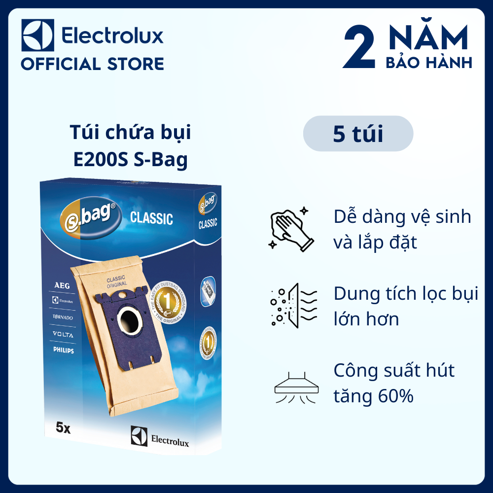 Túi chứa bụi Electrolux E200S S-Bag 5 túi, Tương thích với sản phẩm: Z3332/ZE2264/ZUSG4062/ZUSG4061 [Hàng chính hãng]