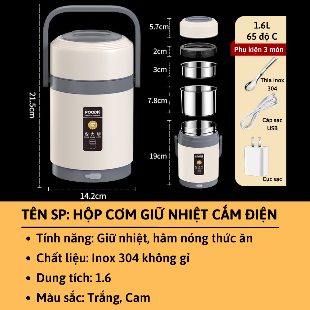 Hộp cơm giữ nhiệt cắm điện dung tích 1.6L CTFAST-A09 : Hộp cơm văn phòng 3 ngăn,  chất liệu inox 304 an toàn, sạc USB làm nóng nhiệt độ ổn định 65 độ C tiện dụng, tặng kèm phụ kiện - Hàng loại 1