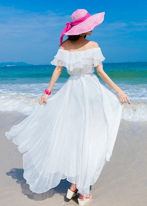 Đầm nữ maxi trắng dáng xòe dịu dàng, tay bèo xinh xắn, mặc đi biển, du lịch, dạ hội | MX015