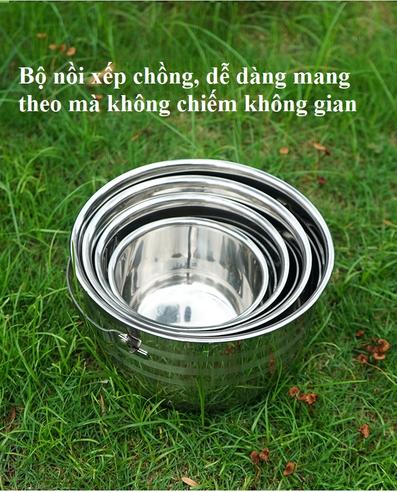 Bộ nồi inox 4 chiếc xếp gọn đa năng sử dụng cho mọi loại bếp tiện dụng cắm trại dã ngoại ngoài trời bếp gia đình