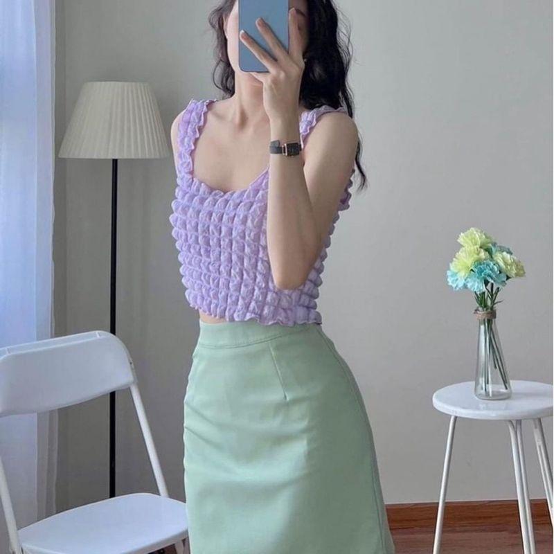Áo 2 dây xốp phồng ô vuông bản to croptop balỗ đủ màu co giãn siêu xinh. MET SHOP