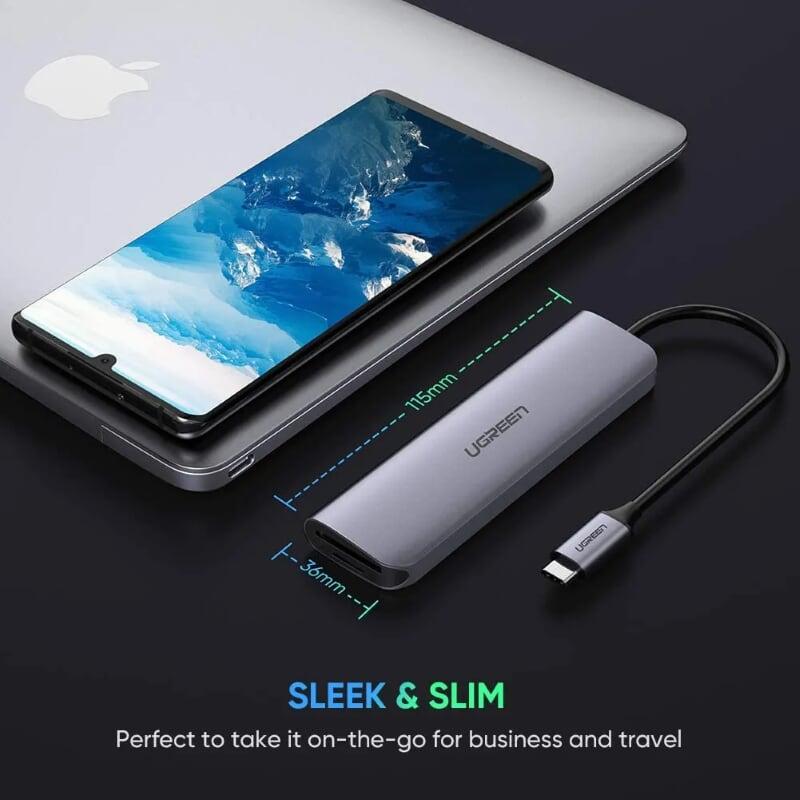 Ugreen UG50850CM195TK 20CM màu xám USB type C HUB 6 trong 1 ra USB 3.0 x 3 + Đọc thẻ TF/SD + nguồn 5V Micro USB - HÀNG CHÍNH HÃNG