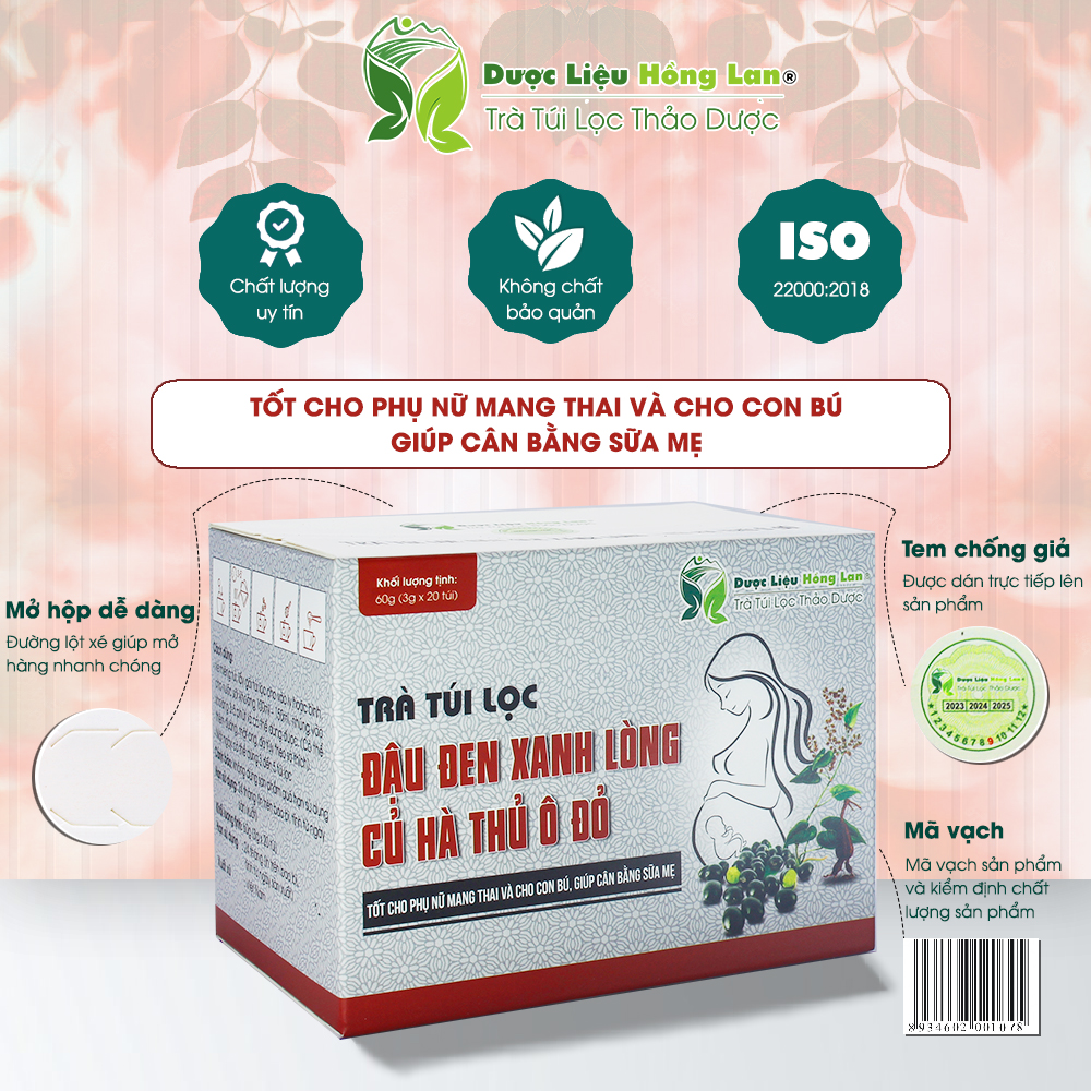 Trà Túi Lọc Đậu Đen Xanh Lòng – Củ Hà Thủ Ô Đỏ 60g (20gói x 3g) Dược Liệu Hồng Lan