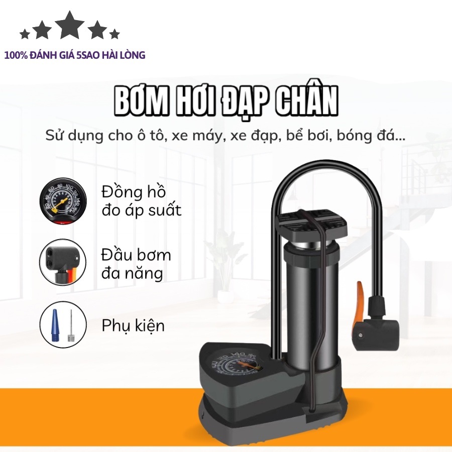 Bơm Hơi Xe Đạp, Xe Máy, Ô Tô, Bơm Phao, Bóng... Bằng Chân Mini Tiện Dụng Có Trợ Lực Đồng Hồ Đo Áp Suất Lốp