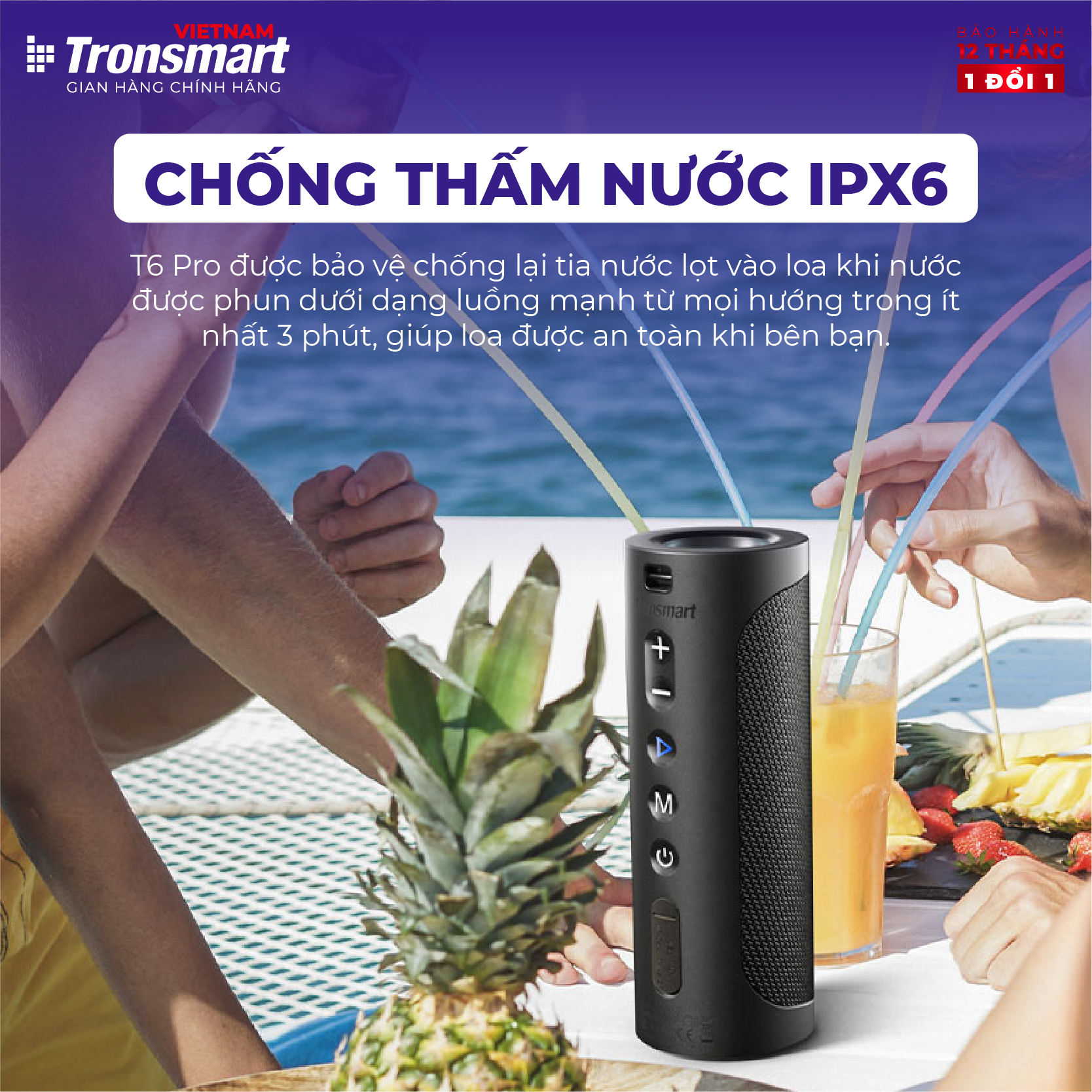 Loa Bluetooth Tronsmart T6 Pro 45W Chống nước IPX6 Ghép nối 2 loa - Hàng chính hãng