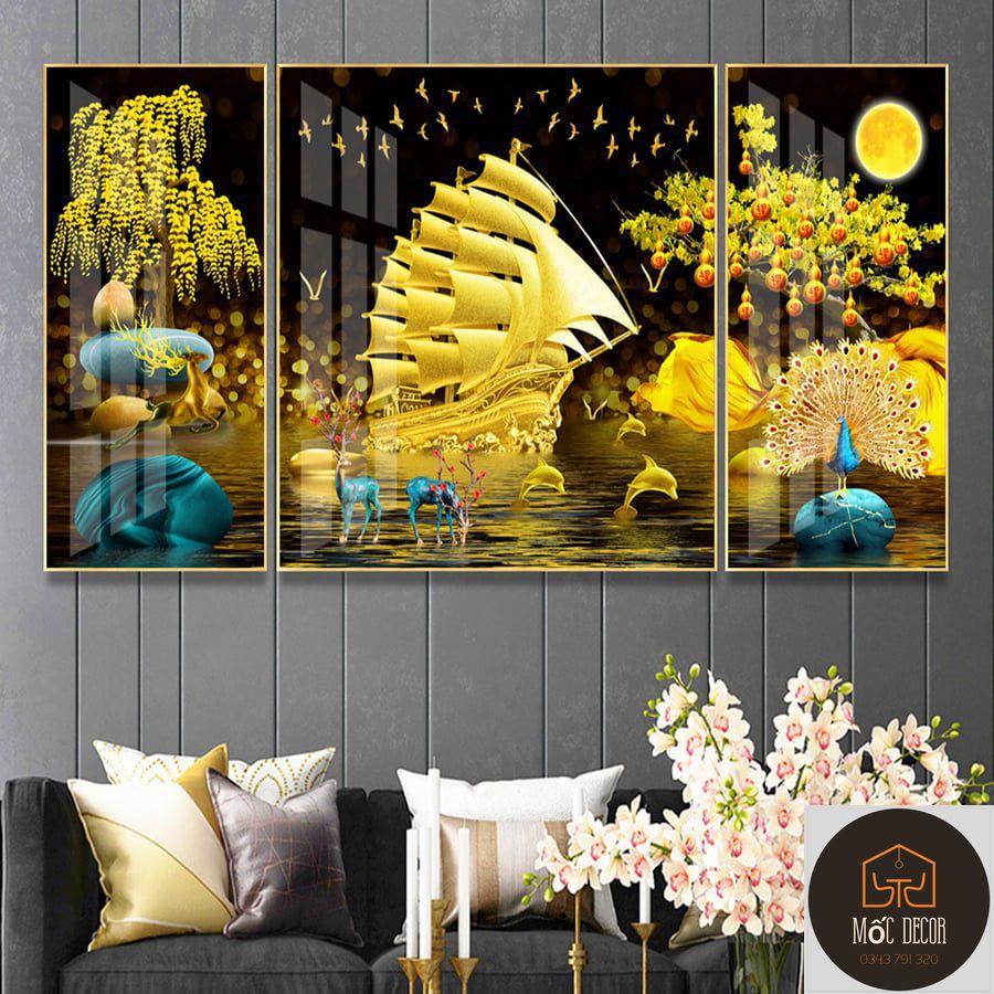 Tranh tráng gương treo tường RẺ VÔ ĐỊCH tranh pha lê cỡ vừa treo lên dài 1,2m, trang trí phòng khách - Thuyền vàng,20x40cmx2 và 40x40cm
