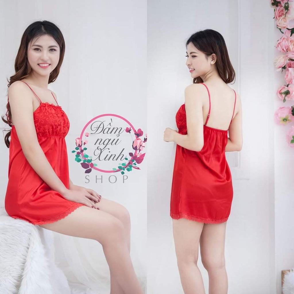 Váy ngủ lụa cúp ngực ren hoa xinh xắn tặng kèm quần lót ren gợi cảm-Màu đỏ