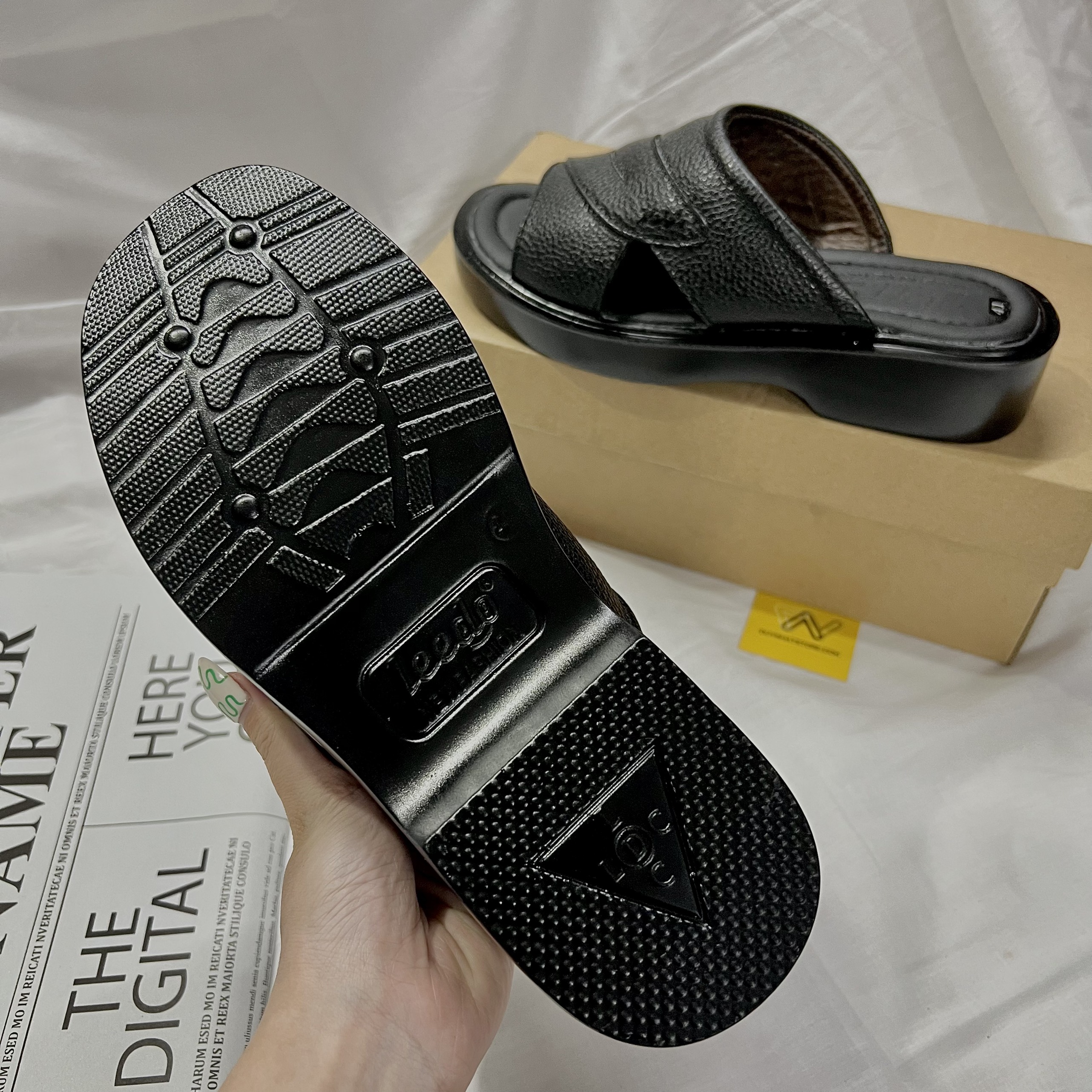 Dép Nam Nâu Đen Quai Ngang Chéo Trung Niên Da Bò Thật May Xung Quanh Giày Duy Nhật Store Đế Độn 5cm Cao Su Bền Đẹp Mềm