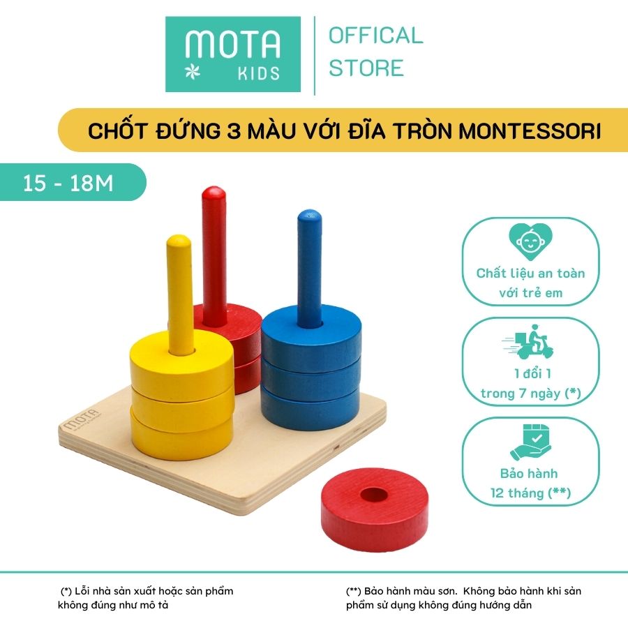 Đồ chơi chốt đứng màu với 3 màu với đĩa tròn cho bé từ 15-18 tháng Montessori Mota - Phát triển sự phối hợp tay và mắt