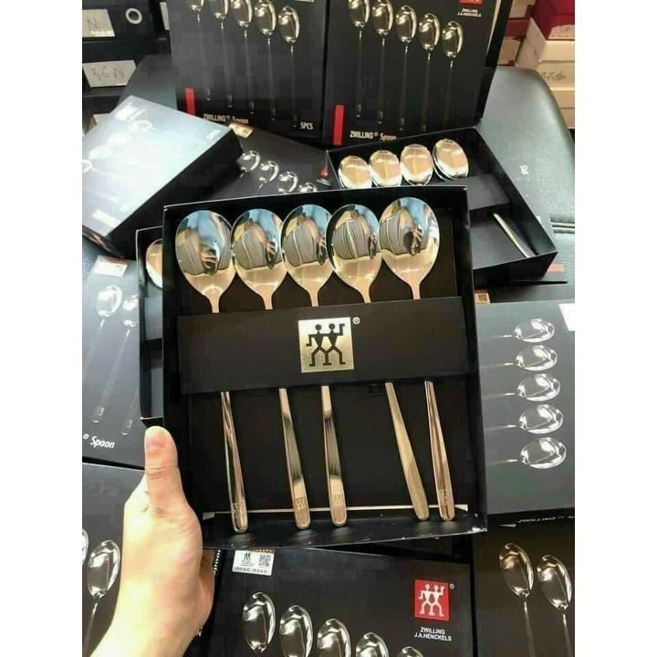 Thìa inox cao cấp set hộp 5 chiếc Muỗng ăn Hộp 5 thìa cán dài Hàn Quốc cho bé